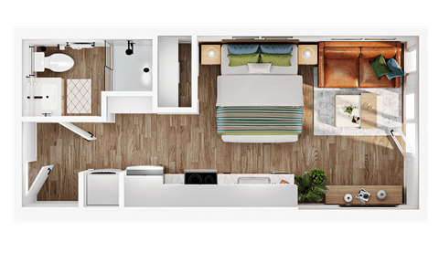 Floor plan for studio, 1 bath, 411 sqft